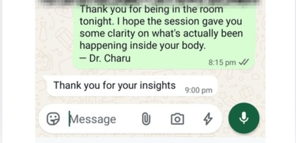 WhatsApp message from Nisha after the live session